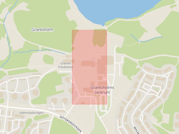 Karta som med röd fyrkant ramar in Granloholm, Granloholmsvägen, Göteborgsvägen, Sundsvall, Västernorrlands län