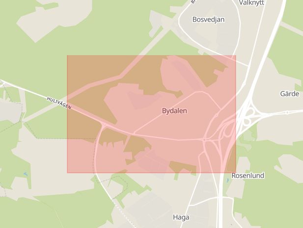 Karta som med röd fyrkant ramar in Bydalen, Sundsvall, Västernorrlands län