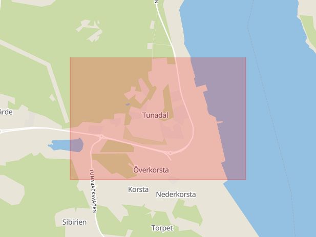 Karta som med röd fyrkant ramar in Tunadal, Skönvik, Sundsvall, Västernorrlands län