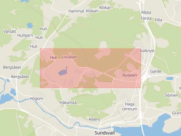 Karta som med röd fyrkant ramar in Sundsvalls Kommun, Tivolivägen, Haga, Sköle, Matfors, Hulivägen, Granloholm, Bergsgatan, Stenstan, Sundsvall, Västernorrlands län