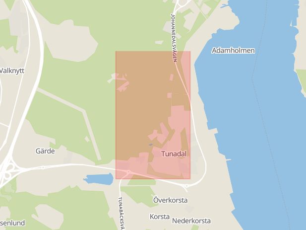 Karta som med röd fyrkant ramar in Tunadalsvägen, Sundsvall, Västernorrlands län