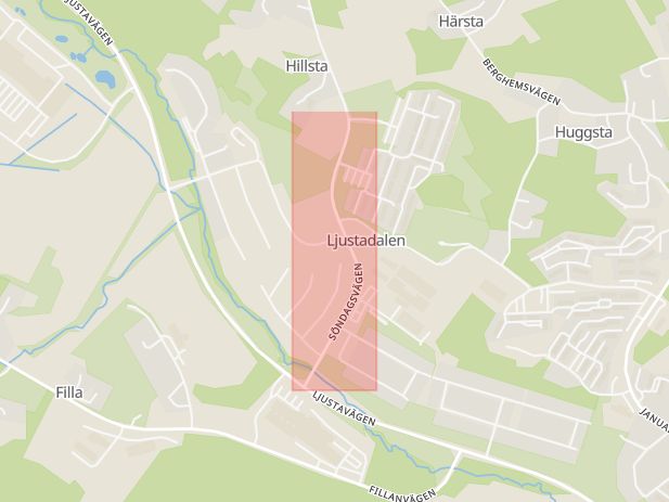 Karta som med röd fyrkant ramar in Söndagsvägen, Ljustadalen, Sundsvall, Västernorrlands län