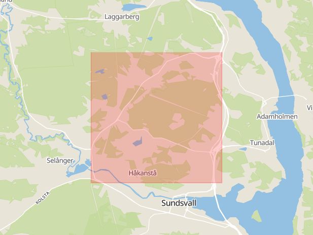 Karta som med röd fyrkant ramar in Timmervägen, Sundsvall, Västernorrlands län