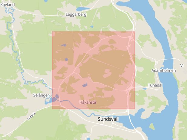 Karta som med röd fyrkant ramar in Timmervägen, Birsta, Sundsvall, Västernorrlands län