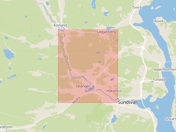 Karta som med röd fyrkant ramar in Örnsköldsvik, Svartby, Sundsvall, Västra Vägen, Granlo, Sollefteå, Ramsele, Härnösand, Västernorrlands län