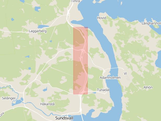 Karta som med röd fyrkant ramar in Skönvik, Norra Vägen, Sundsvall, Västernorrlands län
