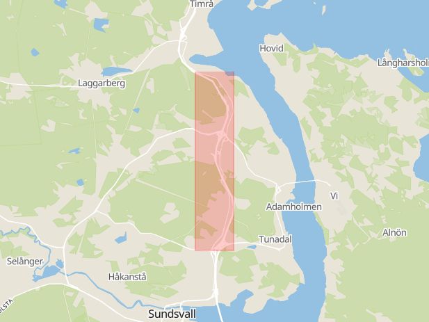 Karta som med röd fyrkant ramar in Bosvedjan, Norra Vägen, Sundsvall, Västernorrlands län