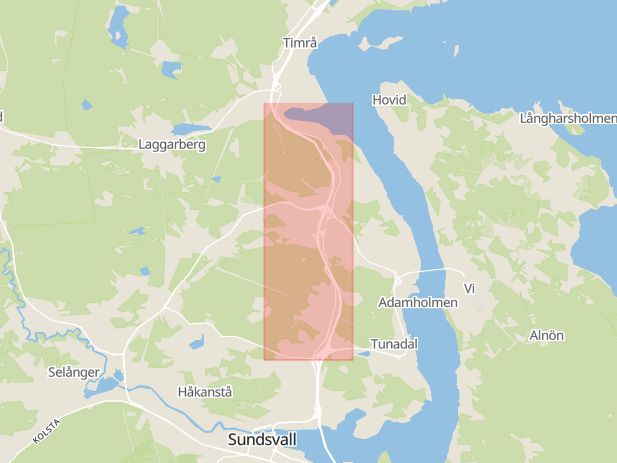 Karta som med röd fyrkant ramar in Örnsköldsvik, Sundsvall, Inre Hamnen, Norra Vägen, Bosvedjan, Sollefteå, Töva, Hulivägen, Granloholm, Västernorrlands län