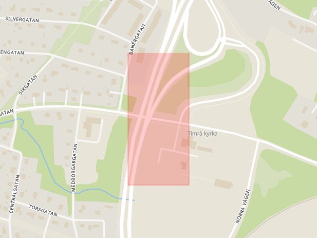 Karta som med röd fyrkant ramar in Järnvägsgatan, Prästgatan, Timrå, Västernorrlands län