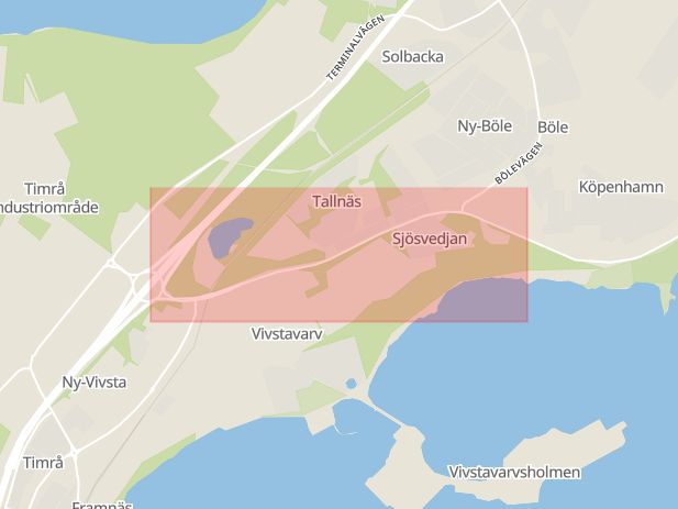 Karta som med röd fyrkant ramar in Tallnäs, Södra Fagerviksvägen, Timrå, Västernorrlands län