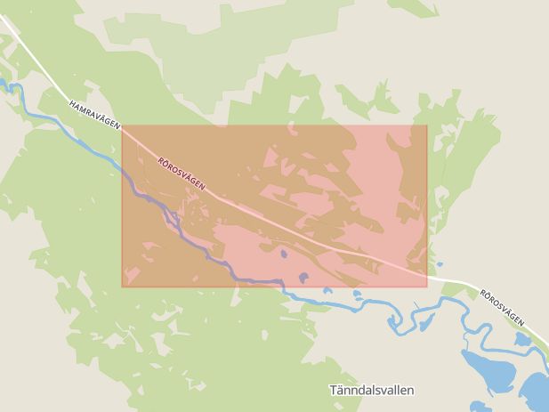 Karta som med röd fyrkant ramar in Tänndalen, Gamla Vägen, Härjedalen, Jämtlands län