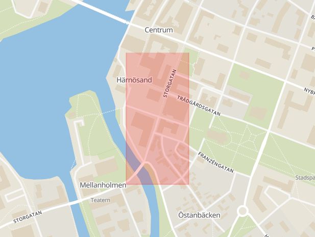 Karta som med röd fyrkant ramar in Strandgatan, Örnsköldsvik, Västra Kyrkogatan, Härnösand, Norra Ådalsvägen, Skogsbackavägen, Sollefteå, Västernorrlands län