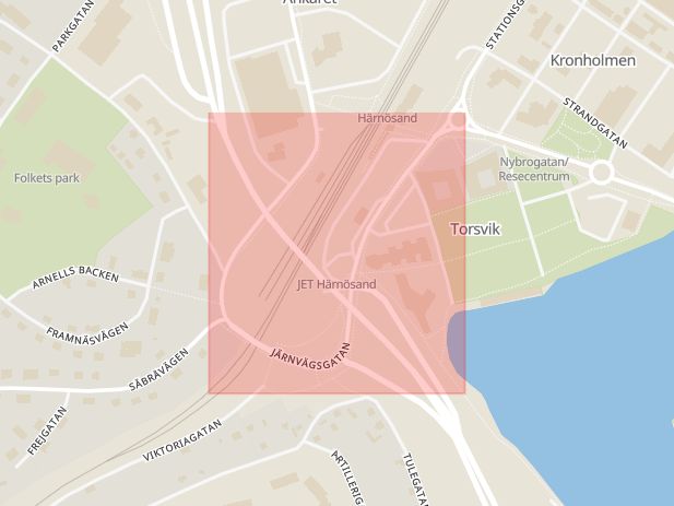 Karta som med röd fyrkant ramar in Järnvägsgatan, Härnösand, Västernorrlands län