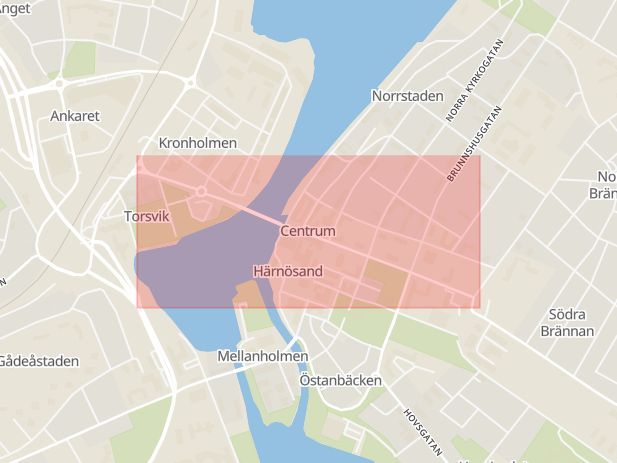 Karta som med röd fyrkant ramar in Nybrogatan, Bondsjöstaden, Sollefteå, Härnösand, Västernorrlands län