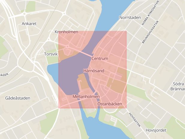 Karta som med röd fyrkant ramar in Storgatan, Härnösand, Västernorrlands län