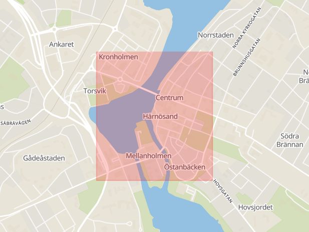 Karta som med röd fyrkant ramar in Sundsvall, Storgatan, Härnösand, Modovägen, Västernorrlands län