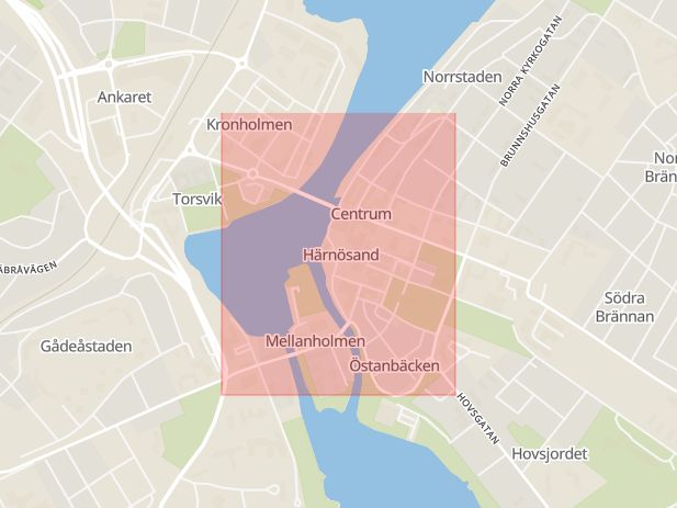 Karta som med röd fyrkant ramar in Storgatan, Härnösand, Västernorrlands län