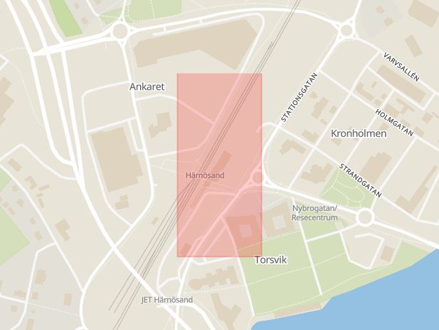 Karta som med röd fyrkant ramar in Stationsgatan, Kronholmen, Härnösand, Västernorrlands län