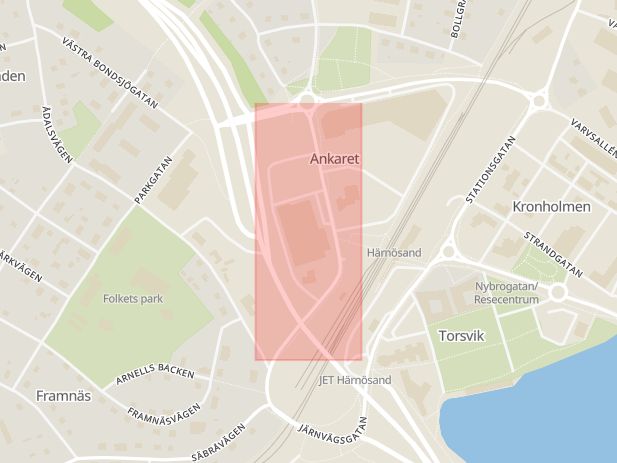 Karta som med röd fyrkant ramar in Kaptensgatan, Härnösand, Västernorrlands län