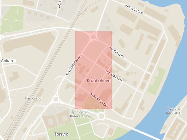 Karta som med röd fyrkant ramar in Kronholmen, Holmgatan, Stationsgatan, Härnösand, Västernorrlands län