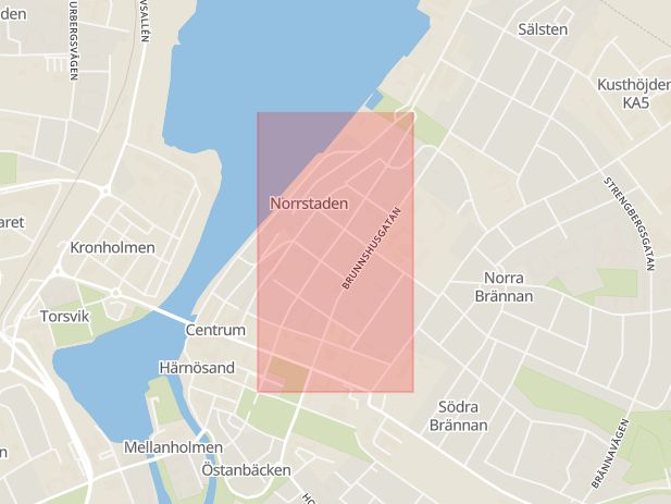 Karta som med röd fyrkant ramar in Norra Kyrkogatan, Västernorrland, Härnösand, Västernorrlands län
