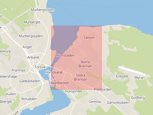 Karta som med röd fyrkant ramar in Västernorrland, Örnsköldsvik, Timrå, Härnösand, Brunnshusgatan, Sollefteå, Västernorrland län, Västernorrlands län