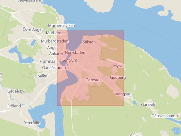 Karta som med röd fyrkant ramar in Norrstaden, Härnösand, Västernorrlands län