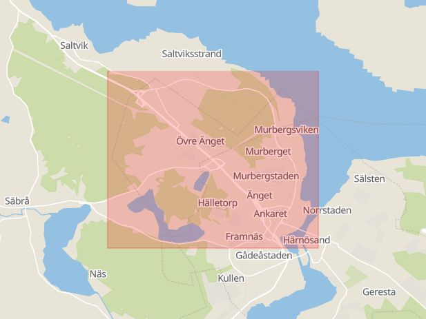 Karta som med röd fyrkant ramar in Härnösand, Bondsjöstaden, Timrå, Bergeforsen, Sundsvall, Inre Hamnen, Västernorrland län, Västernorrlands län