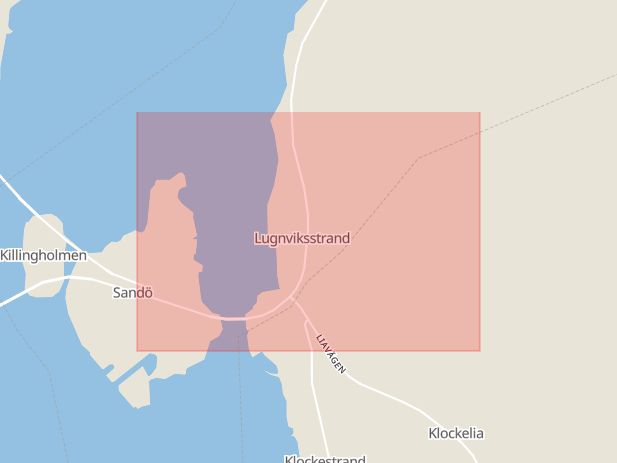 Karta som med röd fyrkant ramar in Lugnviksstrand, Kramfors, Västernorrlands län