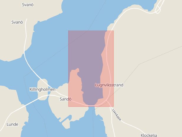 Karta som med röd fyrkant ramar in Sandö, Sandövägen, Kramfors, Västernorrlands län