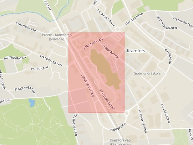 Karta som med röd fyrkant ramar in Stationsgatan, Kramfors, Västernorrlands län