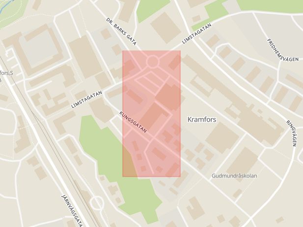 Karta som med röd fyrkant ramar in Kungsgatan, Systembolaget, Kramfors, Västernorrlands län