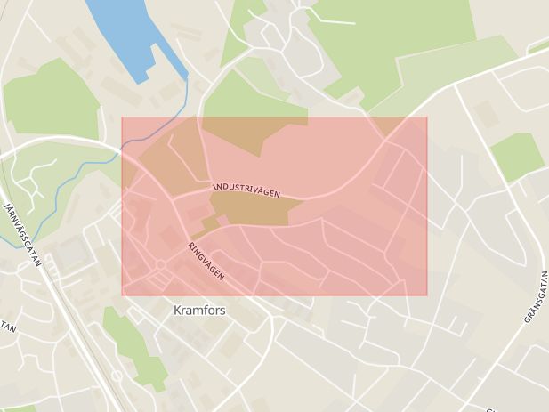 Karta som med röd fyrkant ramar in Limstagatan, Kramfors, Västernorrlands län