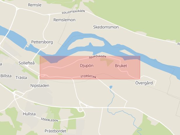 Karta som med röd fyrkant ramar in Djupövägen, Sollefteå, Västernorrlands län