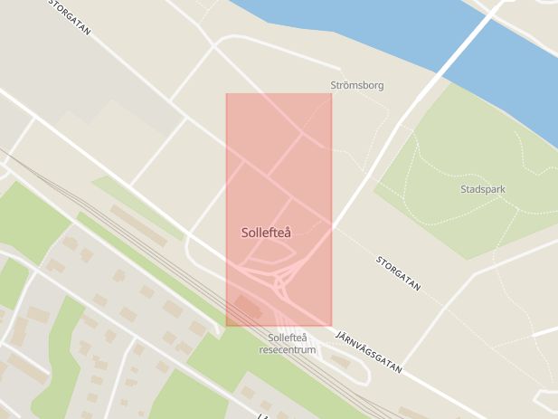 Karta som med röd fyrkant ramar in Storgatan, Systembolaget, Sollefteå, Västernorrlands län