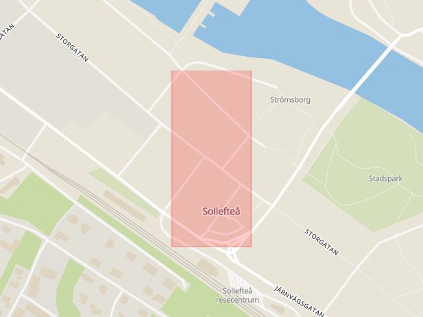 Karta som med röd fyrkant ramar in Stationsgatan, Storgatan, Sollefteå, Västernorrlands län