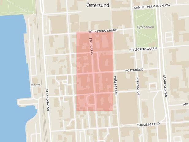 Karta som med röd fyrkant ramar in Storgatan, Kebab City, Östersund, Jämtlands län