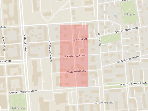 Karta som med röd fyrkant ramar in Färjemansgatan, Regementsgatan, Östersund, Jämtlands län