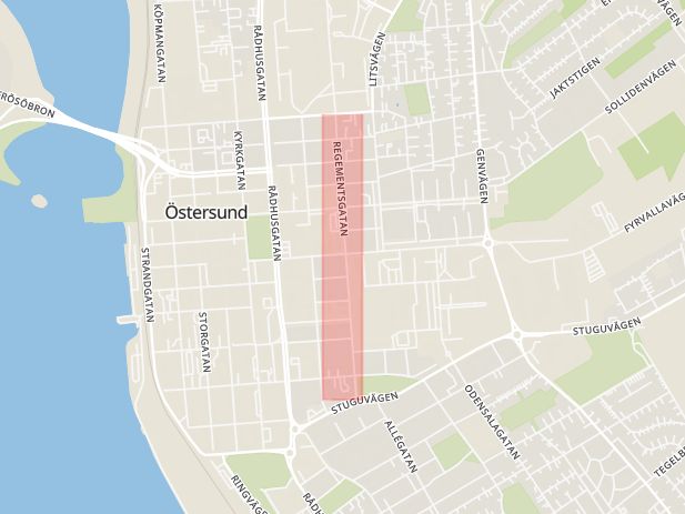 Karta som med röd fyrkant ramar in Regementsgatan, Östersund, Jämtlands län