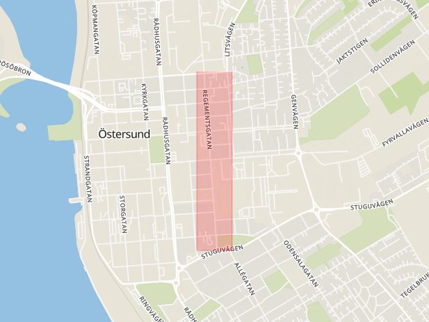 Karta som med röd fyrkant ramar in Jämtland, Regementsgatan, Östersund, Jämtlands län
