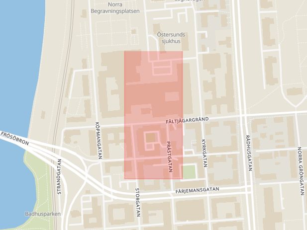 Karta som med röd fyrkant ramar in Svenstavik, Östersunds Sjukhus, Östersund, Jämtlands län
