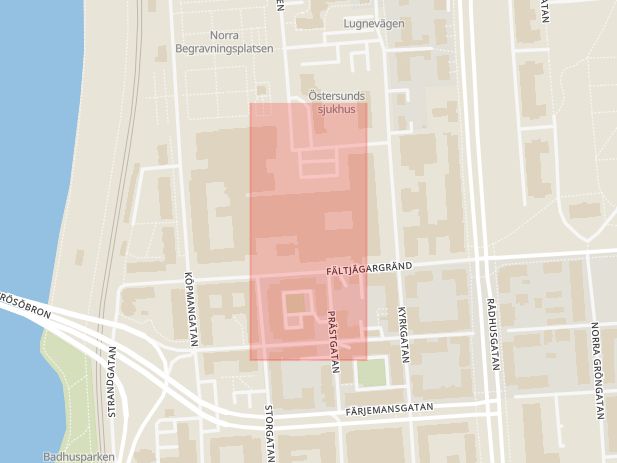 Karta som med röd fyrkant ramar in Östersunds Sjukhus, Strömsund, Jämtlands län
