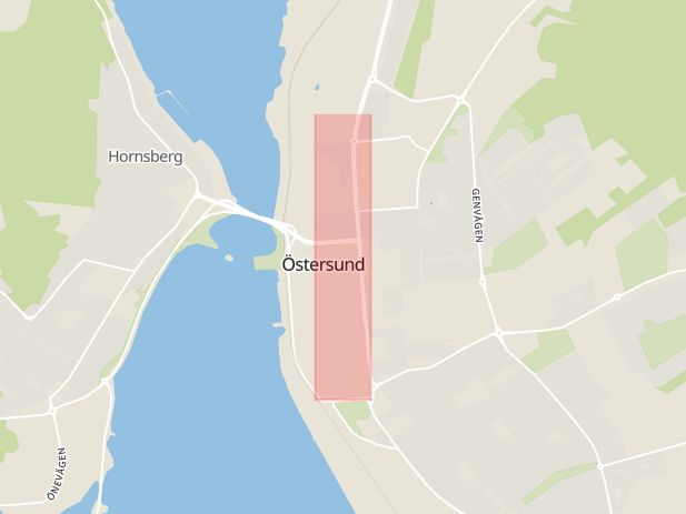 Karta som med röd fyrkant ramar in Östersund, Lungre, Motorstadion, Kyrkgatan, Jämtlands län
