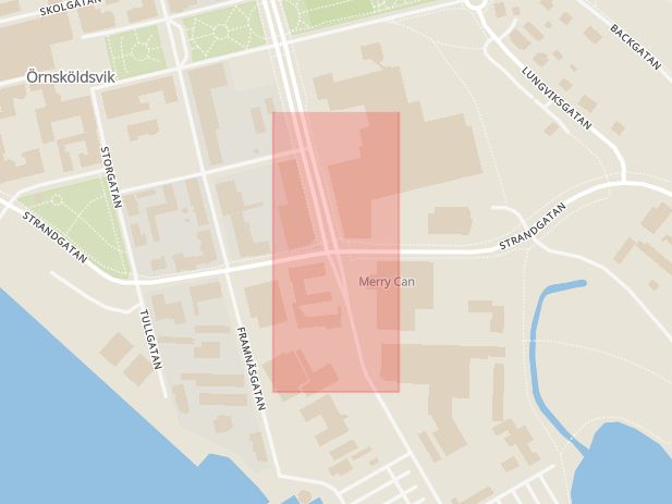 Karta som med röd fyrkant ramar in Strandgatan, Viktoriaesplanaden, Örnsköldsvik, Västernorrlands län
