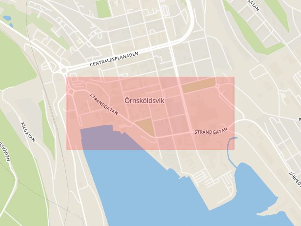 Karta som med röd fyrkant ramar in Strandgatan, Örnsköldsvik, Västernorrlands län