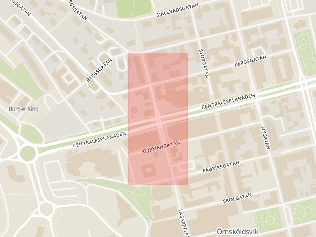 Karta som med röd fyrkant ramar in Lasarettsgatan, Centralesplanaden, Örnsköldsvik, Västernorrlands län