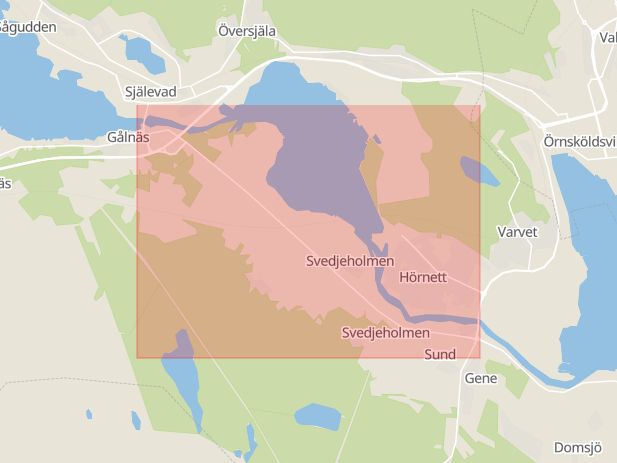 Karta som med röd fyrkant ramar in Brogatan, Domsjö, Örnsköldsvik, Västernorrlands län