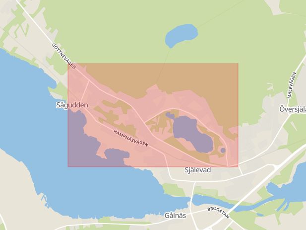 Karta som med röd fyrkant ramar in Gottnevägen, Själevad, Örnsköldsvik, Västernorrlands län