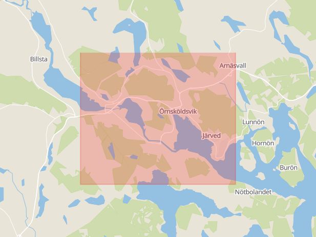 Karta som med röd fyrkant ramar in Fågelvägen, Söråker, Timrå, Örnsköldsvik, Västernorrlands län
