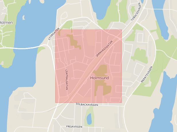 Karta som med röd fyrkant ramar in Järnvägsgatan, Holmsund, Umeå, Västerbottens län